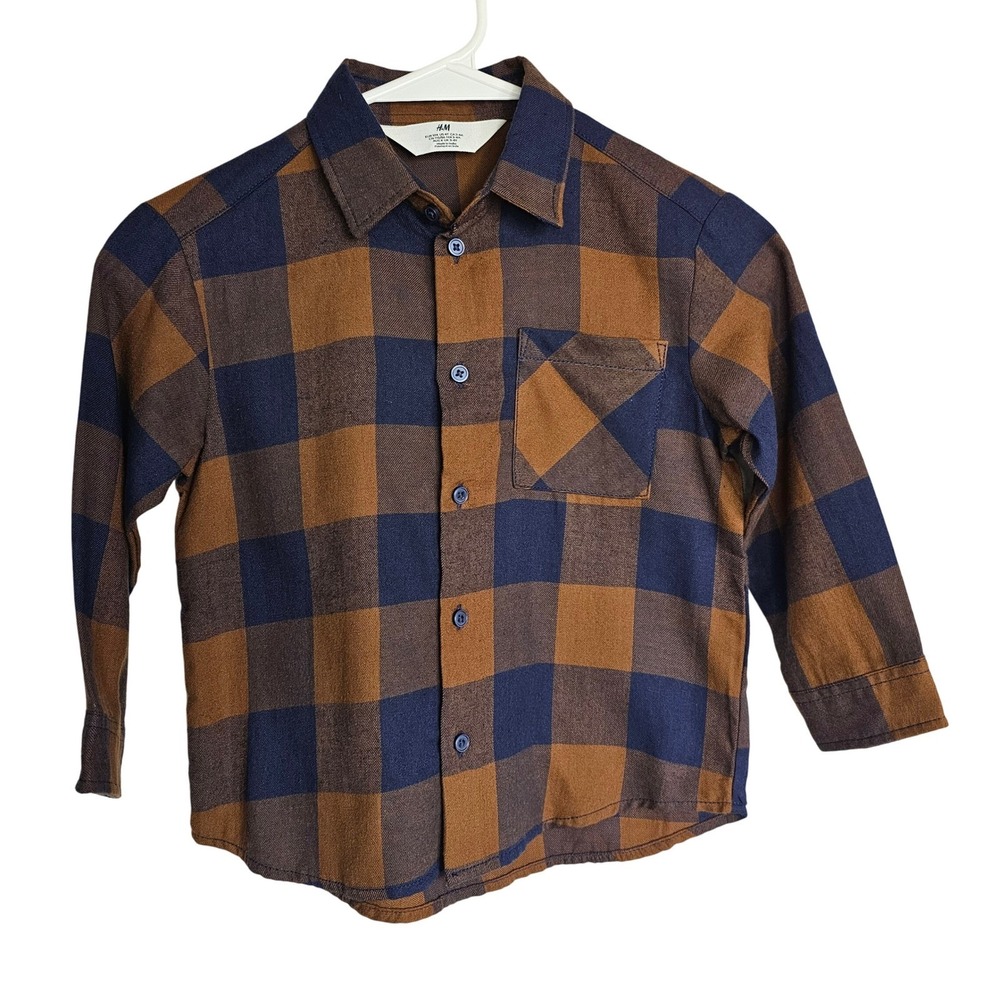 H&M Brown Blue Plaid Flannel Shirt Button Down Long‎ Sleeve Casual Boy Size 4T